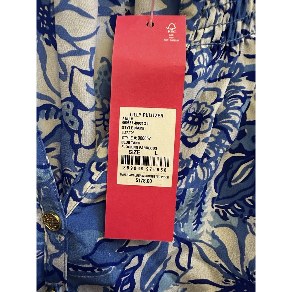Lilly‎ Pulitzer Elsa Silk Top Blue Tang Flocking Fabulous Sz Large NWT $178 - Picture 5 of 7